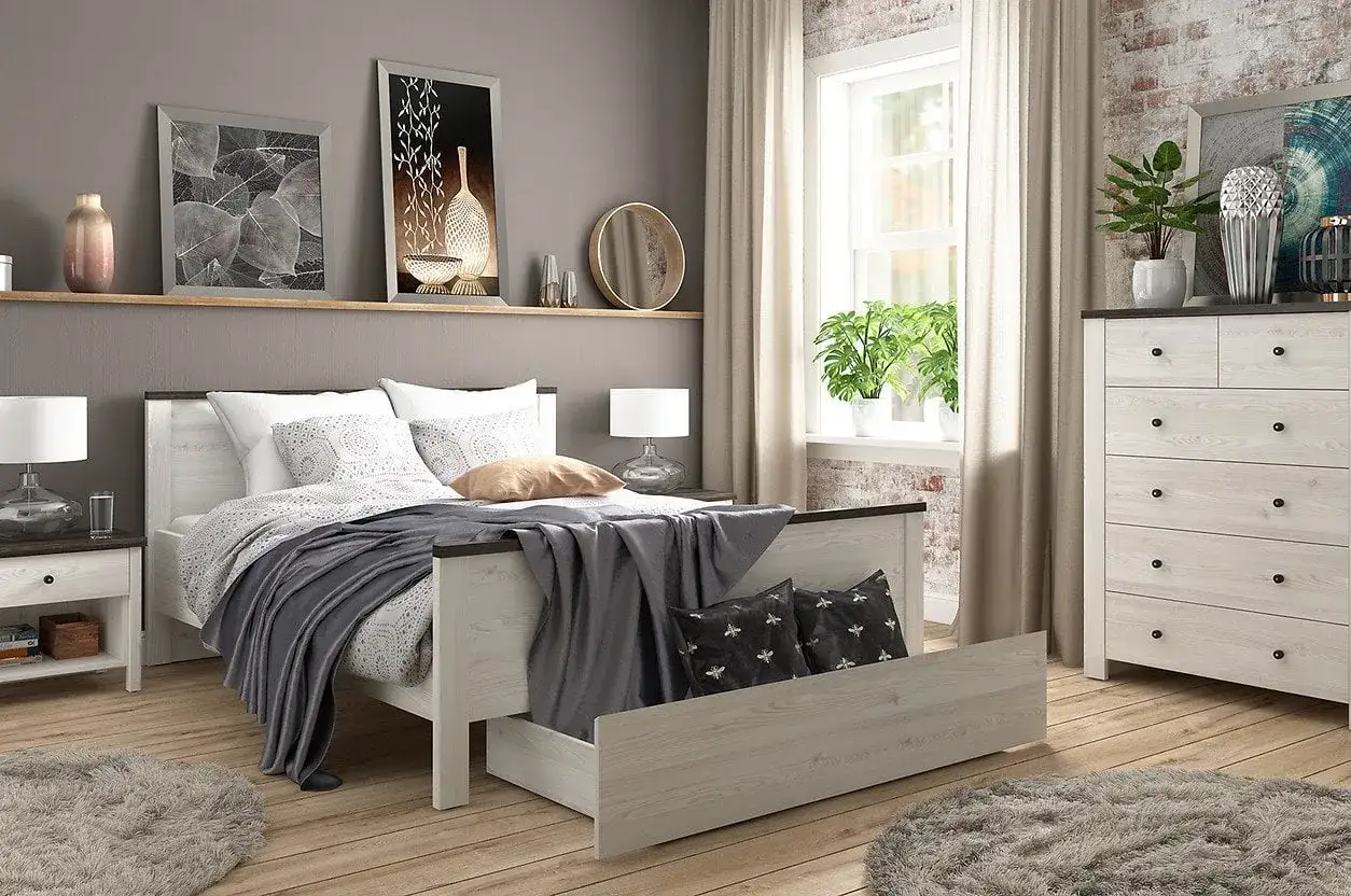szara sypialnia styl glamour boho skandynawski