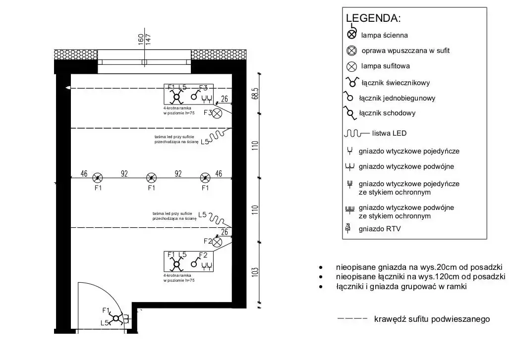 plan sypialni z rozmieszczeniem gniazdek, schemat instalacji elektrycznej sypialnia